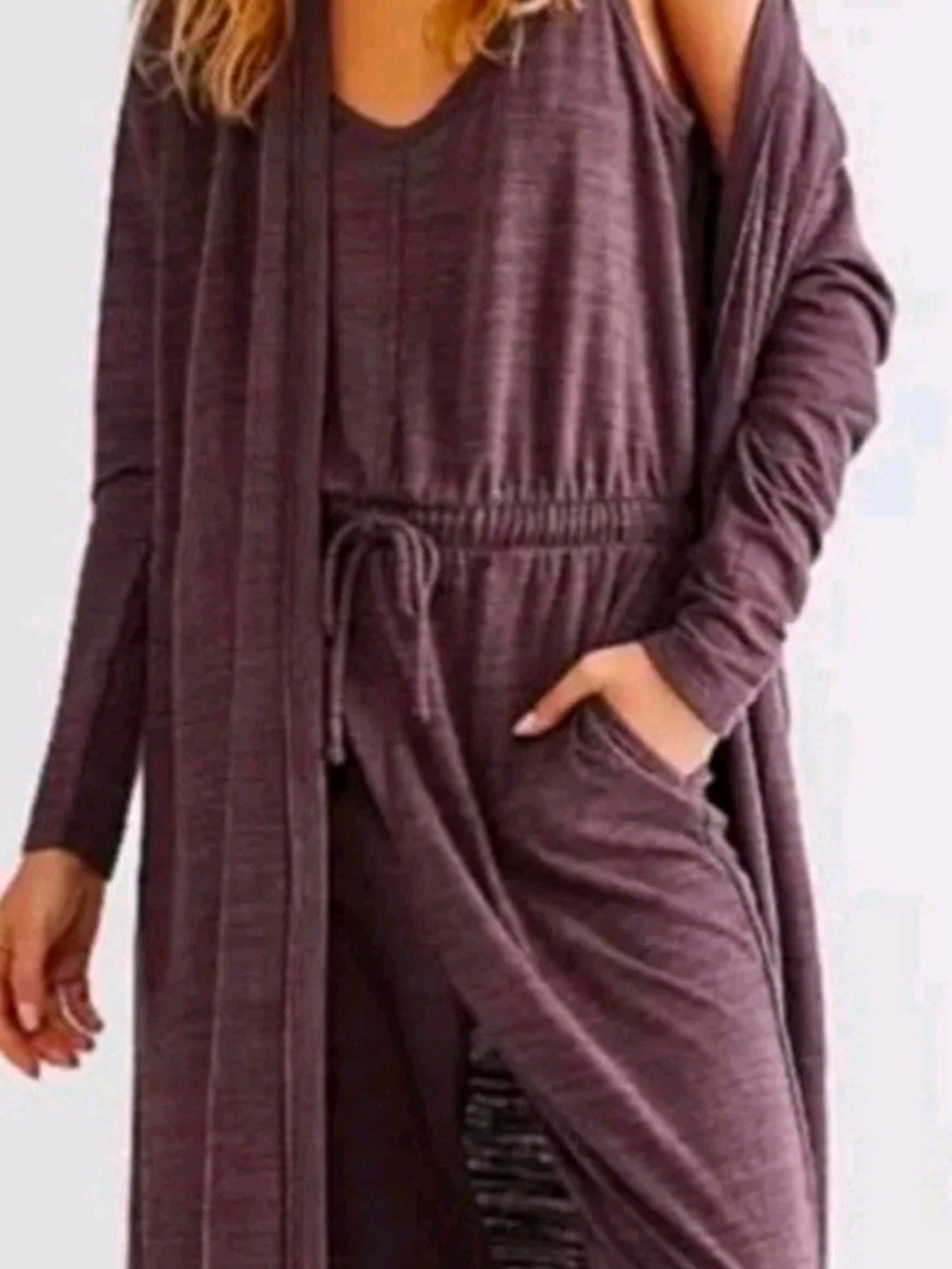 Free People FP Beach Bicoastal Long Open front Cozy Ribbed Cardigan In Plum